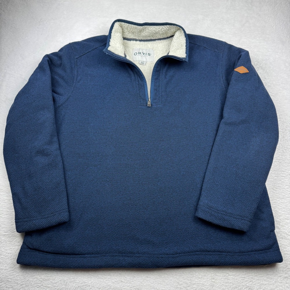 Orvis Pullover Mens XL Blue Waffle Knit Sherpa Lined Quarter Zip Fleece